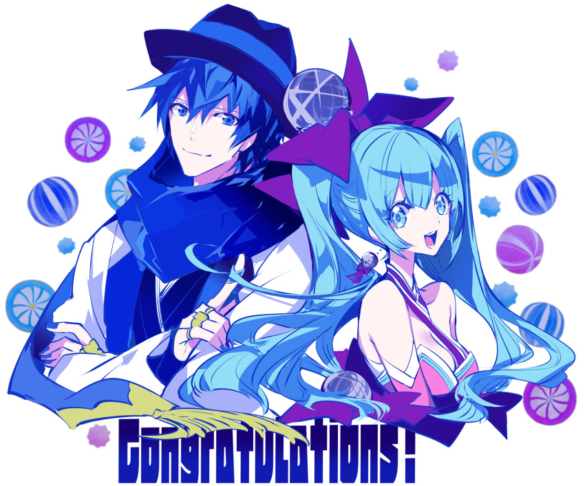 1boy aqua_eyes aqua_hair ball bare_shoulders beachball blue_eyes blue_hair blue_nails blue_scarf bow coat commentary congratulations crossed_arms detached_sleeves disco_ball dress fedora female hairbow hat hatsune_miku highres index_finger_raised japanese_clothes jewelry kaito_(vocaloid) kimono long_hair looking_at_viewer manbou_no_ane ooedo_julia_night_(vocaloid) open_mouth ring scarf smile spiral strapless strapless_dress twintails upper_body very_long_hair vocaloid wheel white_background white_coat yukata