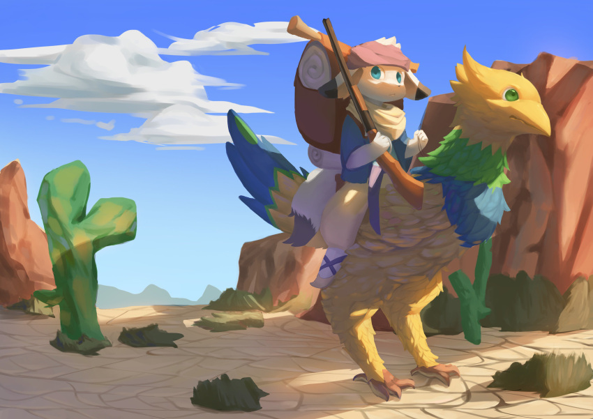 2018 absurd_res ambiguous_gender anthro avian backpack bandana beak bedroll bird blue_body blue_clothing blue_eyes blue_feathers blue_shirt blue_sky blue_topwear cactus chocobo clothing cloud cracked_ground day desert detailed_background dipstick_ears dipstick_tail duo ear_markings ears_down feathered_crest feathers feral final_fantasy green_body green_eyes green_feathers gun hat hauhau_mg head_crest headgear headwear hi_res holding_gun holding_object holding_ranged_weapon holding_reins holding_rifle holding_weapon kerchief light lighting mammal markings mount multicolored_ears outside pivoted_ears plant ranged_weapon reins riding rifle shirt sky square_enix straddling tail tail_feathers tail_markings tan_bandanna tan_kerchief topwear unknown_species weapon yellow_beak yellow_body yellow_feathers