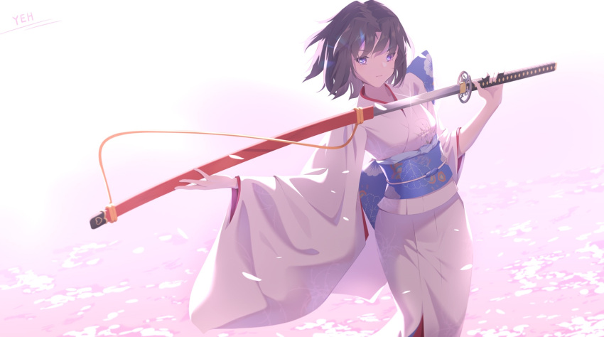 ahoge backlighting breasts brown_hair female grey_eyes highres japanese_clothes kara_no_kyoukai katana kimono long_sleeves looking_at_viewer medium_breasts obi obiage obidome obijime parted_bangs ryougi_shiki sash sheath short_hair solo sword weapon white_kimono wide_sleeves yeh_(354162698)