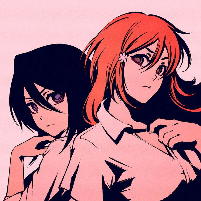 2girls black_hair bleach blue_eyes breasts brown_eyes canvas_(medium) closed_mouth commentary dress_shirt english_commentary expressionless flower hair_between_eyes hair_flower hair_ornament hand_on_own_chest high_contrast inoue_orihime kuchiki_rukia large_breasts long_bangs long_hair looking_at_viewer looking_back moshimoshibe multiple_girls pink_background red_hair serious shirt short_hair simple_background v-shaped_eyebrows white_flower