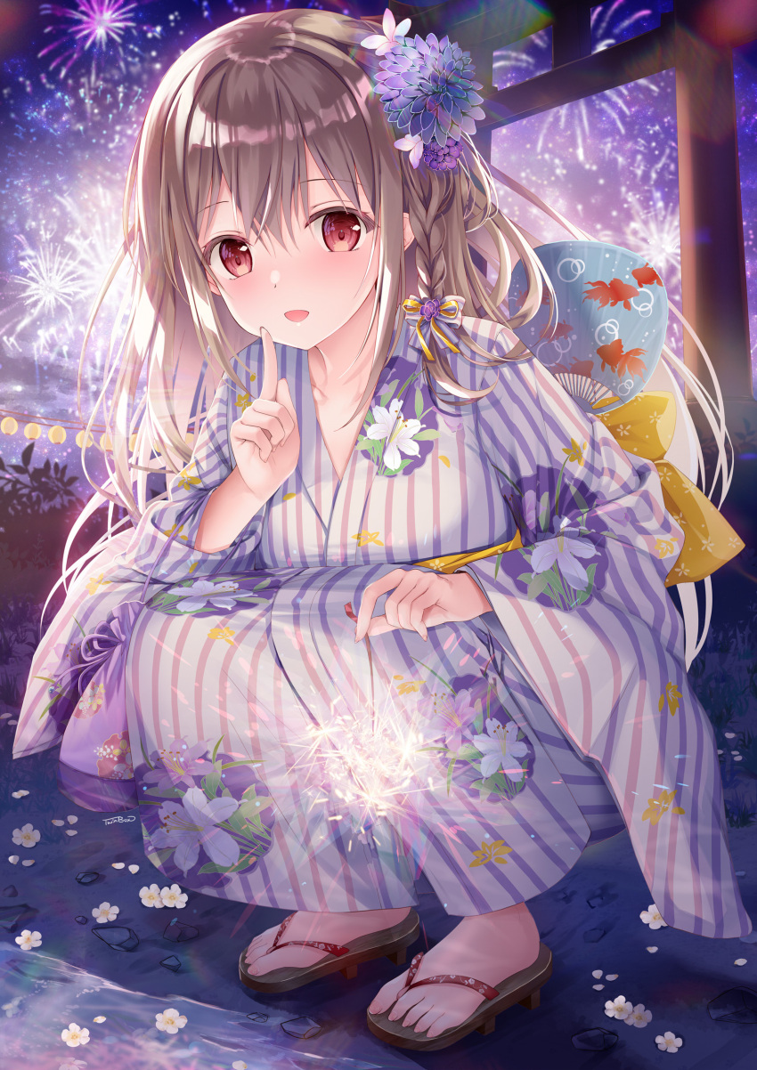 :d absurdres aerial_fireworks blush bow braid brown_hair commentary_request female finger_to_mouth fireworks floral_print flower full_body hair_between_eyes hairbow hand_fan hand_up highres holding holding_fireworks japanese_clothes kimono long_hair long_sleeves looking_at_viewer maeda_shiori md5_mismatch night open_mouth outdoors paper_fan print_kimono purple_bow red_eyes revision sandals senkou_hanabi shushing smile solo sousouman sparkler squatting striped_clothes striped_kimono torii twinbox_school uchiwa vertical-striped_clothes vertical-striped_kimono white_flower wide_sleeves