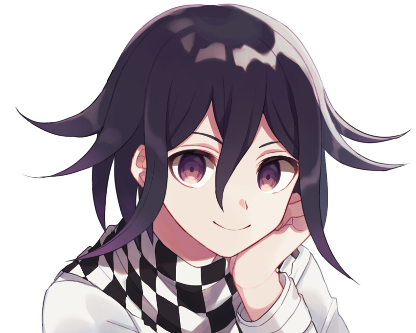 1boy bad_id bad_pixiv_id checkered_clothes checkered_scarf cheek_rest closed_mouth commentary_request danganronpa_(series) danganronpa_v3:_killing_harmony hair_between_eyes jacket long_sleeves looking_at_viewer male_focus medium_hair nanao_(nanao1023) oma_kokichi portrait purple_eyes purple_hair scarf simple_background smile solo upper_body white_background white_jacket