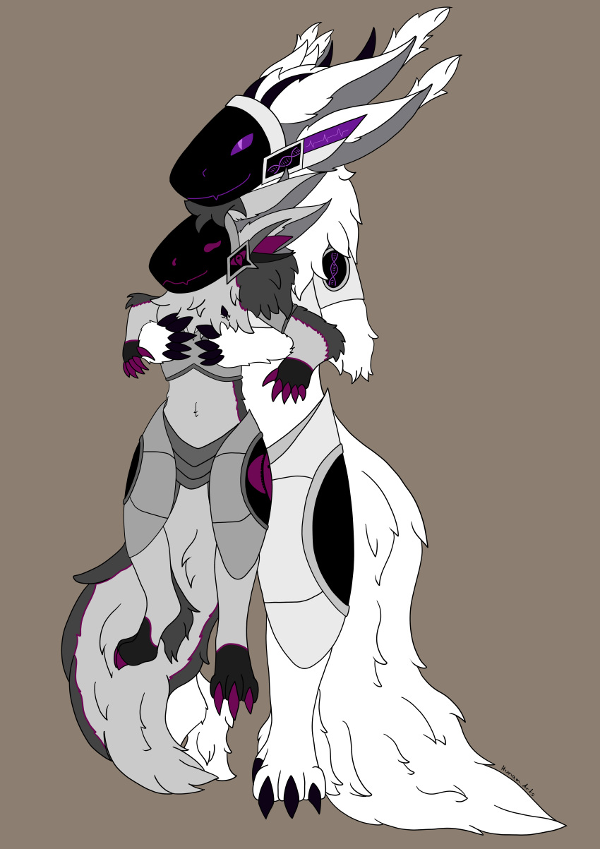 absurd_res anthro armor biogentic_(protogen) breastplate claws crotchplate duo ear_tuft female fluffy fluffy_tail fur fur_markings grey_body grey_fur hi_res holding_character horn hug hunamarts machine male mammal markings multi_ear neck_tuft protogen protogen_visor shizuka(protogen) tail tuft visor white_body white_fur