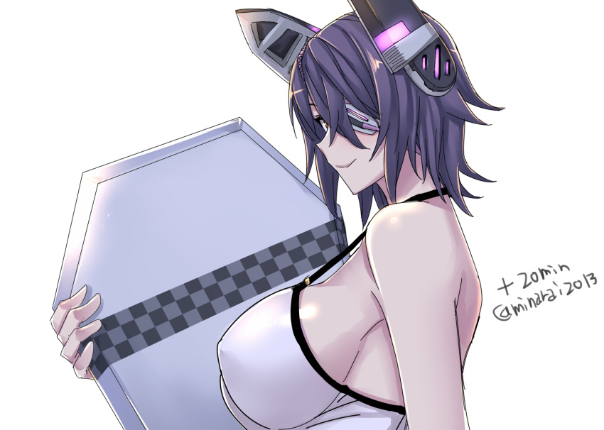 bodyboard breasts eyepatch female headgear kantai_collection large_breasts looking_at_viewer minarai one-hour_drawing_challenge purple_hair short_hair sideboob simple_background smile solo swimsuit tenryuu_(kancolle) twitter_username white_background yellow_eyes