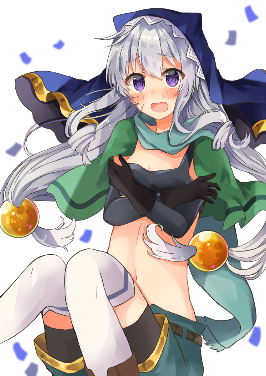 absurdres bike_shorts blush chris_(konosuba) chris_(konosuba)_(cosplay) commentary_request cosplay covering_breasts covering_privates elbow_gloves eris_(konosuba) female gloves grey_hair habit hair_bobbles hair_ornament highres kono_subarashii_sekai_ni_shukufuku_wo! long_hair looking_at_viewer nun purple_eyes scar scar_on_cheek scar_on_face short_shorts shorts thighhighs white_background yuno_(suke_yuno)