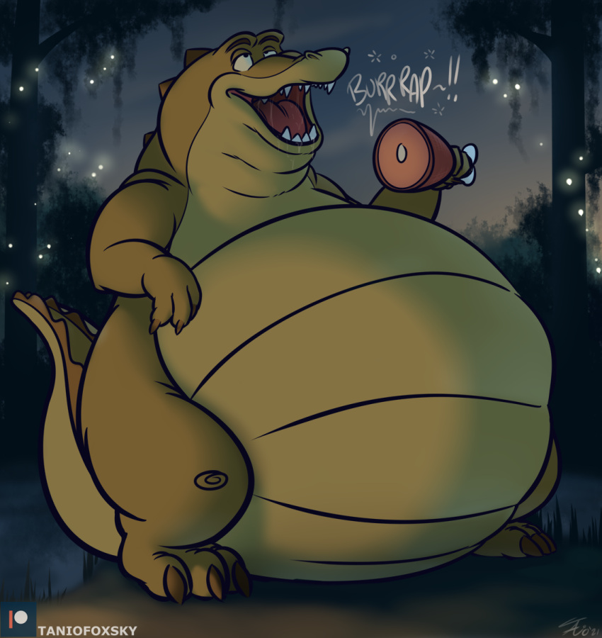 2022 alligator alligatorid anthro arthropod beetle belly big_belly bodily_fluids burping claws crocodilian disney drooling elateroid fangs firefly food half-closed_eyes ham hi_res holding_food holding_object insects louis_(tpatf) male meat narrowed_eyes nude obese obese_anthro obese_male open_mouth outside overweight overweight_anthro overweight_male patreon patreon_logo pork raised_tail reptile saliva saliva_on_tongue saliva_string scales scalie solo standing tail tailbutt tanio teeth text the_princess_and_the_frog tongue