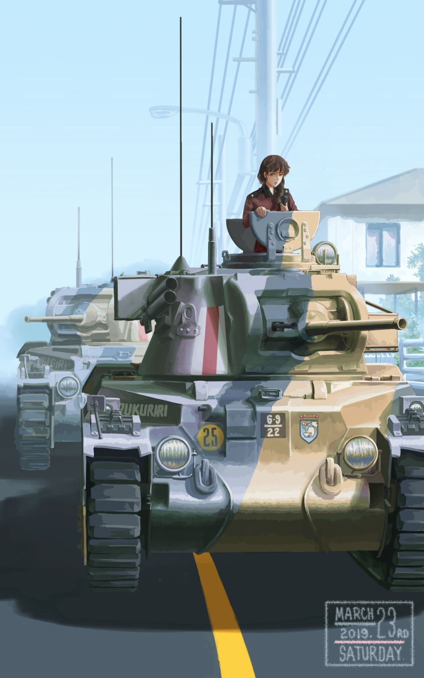 absurdres blue_sky braid brown_hair building character_name clear_sky commentary dated day emblem english_commentary english_text fading female girls_und_panzer hair_over_shoulder highres holding holding_radio jacket lamppost long_hair long_sleeves looking_at_viewer matilda_(tank) military military_uniform military_vehicle motor_vehicle open_mouth outdoors power_lines radio red_jacket road rukuriri_(girls_und_panzer) single_braid sky solo st._gloriana's_(emblem) st._gloriana's_military_uniform tank uniform useless_(gss44344) utility_pole