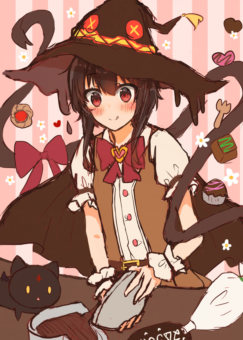 absurdres alternate_costume black_hair candy chocolate chomusuke commentary_request cooking feline female food hat heart heart-shaped_chocolate highres kono_subarashii_sekai_ni_shukufuku_wo! megumin red_eyes short_hair tongue tongue_out valentine witch_hat yuno_(suke_yuno)