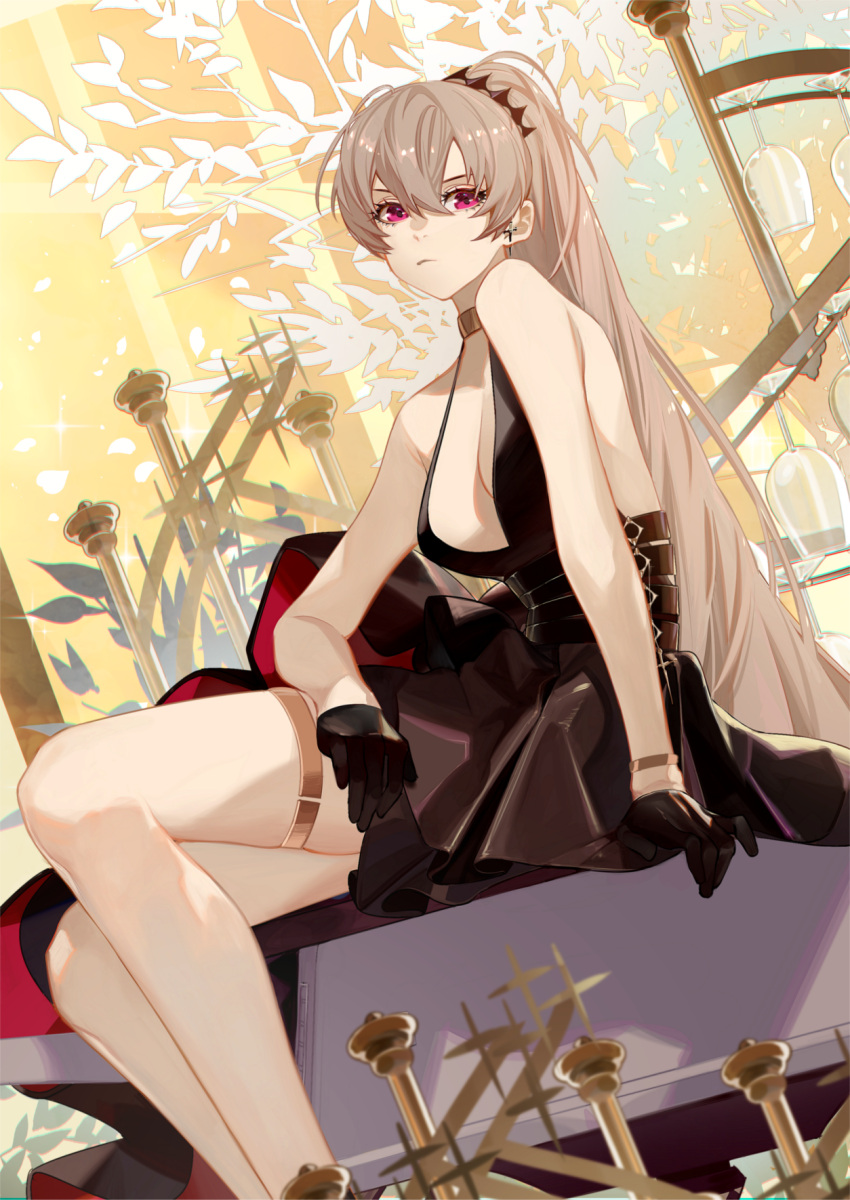 arm_support azur_lane backless_dress backless_outfit bare_arms bare_shoulders belt black_belt black_dress black_gloves bracelet breasts brown_hair center_opening closed_mouth commentary commission cross cross_earrings cup dress drinking_glass dutch_angle earrings eyebrows_hidden_by_hair feet_out_of_frame female glint gloves gold_bracelet gold_choker hair_between_eyes half_gloves halter_dress halterneck hand_on_own_thigh high-waist_sideboob high_ponytail highres jean_bart_(azur_lane) jean_bart_(uninhibited_bloodstone)_(azur_lane) jewelry large_breasts long_hair looking_at_viewer looking_to_the_side official_alternate_costume pixiv_commission red_eyes rigging shadow sitting skindentation sleeveless sleeveless_dress solo thighlet thighs uyuyuun very_long_hair wine_glass