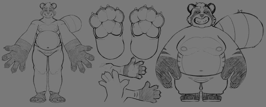 5_fingers absurd_res alien anthro bottomwear canid canine clothed clothing feet fingers flip_flops footwear giantboonehusky_(artist) hi_res macro male mammal micro monochrome pants pawpads paws raccoon_dog sandals shorts solo tagme tanuki toes topless