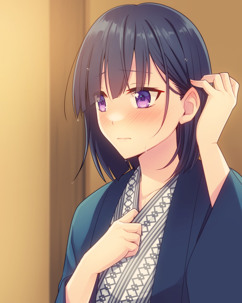 bath_yukata black_hair blunt_bangs blush closed_mouth female highres indoors iori_rio japanese_clothes kimono kiryuuin_aoi purple_eyes shima_(pattern) solo tucking_hair umamusume upper_body wet wet_hair yukata