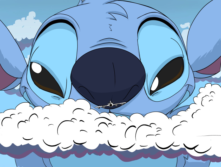 2020 aircraft airplane alien blue_body blue_fur blue_nose brown_eyes cloud conditional_dnp disney dylbun evil_grin experiment_(lilo_and_stitch) fur head_tuft hi_res lilo_and_stitch looking_at_viewer macro narrowed_eyes notched_ear outside sky smile solo stitch_(lilo_and_stitch) tuft vehicle