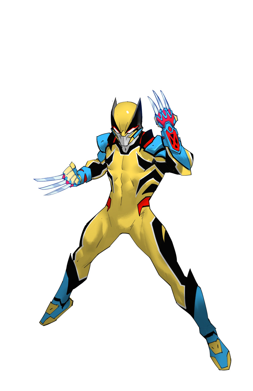 1boy absurdres claws clenched_hands dan_mora english_commentary fighting_stance from_above helmet highres juuken_sentai_gekiranger leaning_back looking_down male_focus marvel redesign solo super_sentai superhero_costume tokusatsu white_background white_eyes wolverine_(x-men) x-men