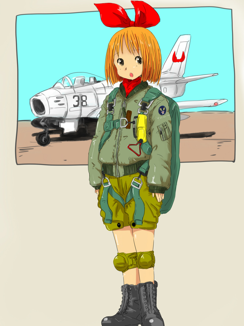 aircraft airplane annaka_haruna bomber_jacket boots bow commentary_request f-86_sabre female hairbow highres hyakute_gyojin jacket knee_pads nichijou oversized_clothes parachute pilot shorts solo