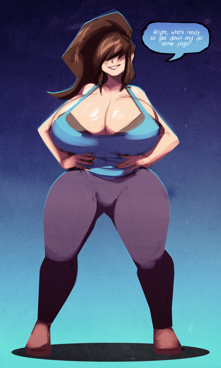 absurd_res big_breasts breasts clothed clothing dialogue female hi_res human human_only maki_hashiba_(character) mammal not_furry riendonut short_stack solo standing thick_thighs wide_hips