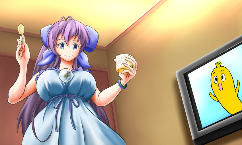 blue_eyes commentary_request female food jewelry long_hair name_connection nanana_(tv_tokyo) pendant ponytail pudding purple_hair ribbon ryuugajou_nanana ryuugajou_nanana_no_maizoukin smithkagura solo spoon television tv_tokyo