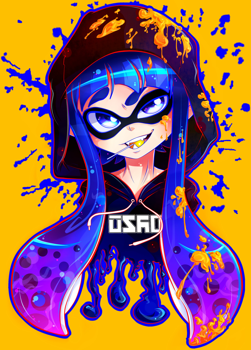 absurdres blue_eyes blue_hair candy commentary_request eyebrows fangs female food highres hood hoodie inkling inkling_girl inkling_player_character invidiata lollipop monster_girl mouth_hold paint raised_eyebrow simple_background smirk splatoon_(series) splatoon_1 tentacle_hair