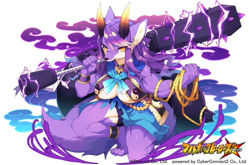 anklet barefoot body_fur breasts carrying_over_shoulder choker club_(weapon) company_name copyright_notice electricity female fullbokko_heroes furry furry_female ginkaku_(fullbokko_heroes) highres holding holding_weapon horns jewelry jug_(bottle) kanabou kishibe large_breasts logo long_hair looking_at_viewer muscular official_art purple_hair purple_theme rope scar scar_on_face slit_pupils smoke solo spiked_club squatting weapon wristband yellow_eyes