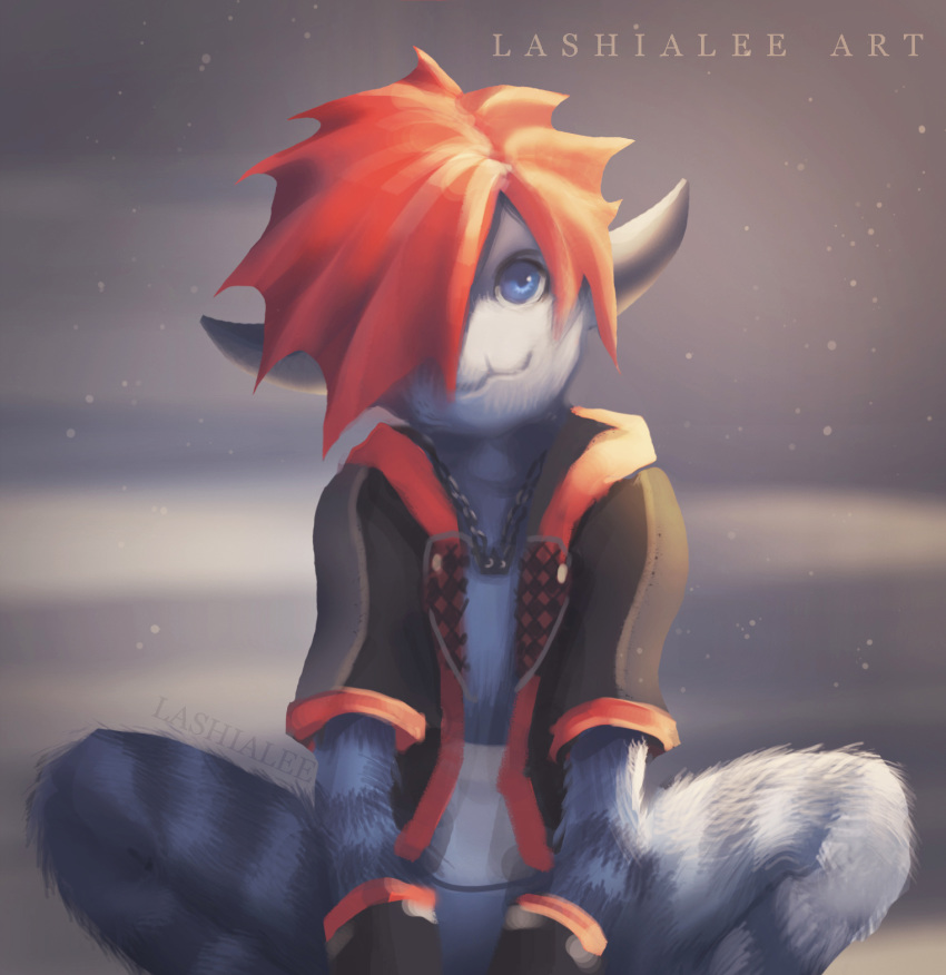 :3 anthro biped blue_eyes clothed clothing disney felid fur hi_res jacket jewelry kingdom_hearts kingdom_hearts_3 lashialee looking_at_viewer male mammal monster monster_sora_(character) monsters_inc necklace pixar portrait sitting smile solo sora_(kingdom_hearts) square_enix topwear