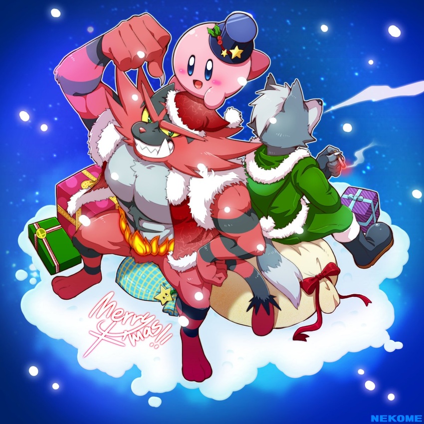 1:1 2018 alien ambiguous_gender anthro canid canine canis christmas christmas_clothing christmas_headwear cigarette clothed clothing felid flexing fur generation_7_pokemon gift group hat headgear headwear hi_res holidays incineroar kemo_nuko kirby kirby_(series) looking_at_viewer male mammal muscular muscular_male nintendo pecs pokemon pokemon_(species) santa_hat smile snow star_fox super_smash_bros. super_smash_bros._ultimate teeth wolf wolf_o'donnell