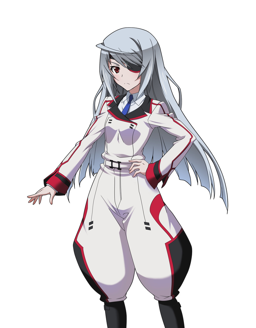 blue_necktie eyepatch female grey_hair hand_on_own_hip highres infinite_stratos infinite_stratos_academy_school_uniform jodhpurs laura_bodewig long_hair looking_at_viewer military military_uniform necktie pants red_eyes school_uniform simple_background solo standing uniform very_long_hair white_background