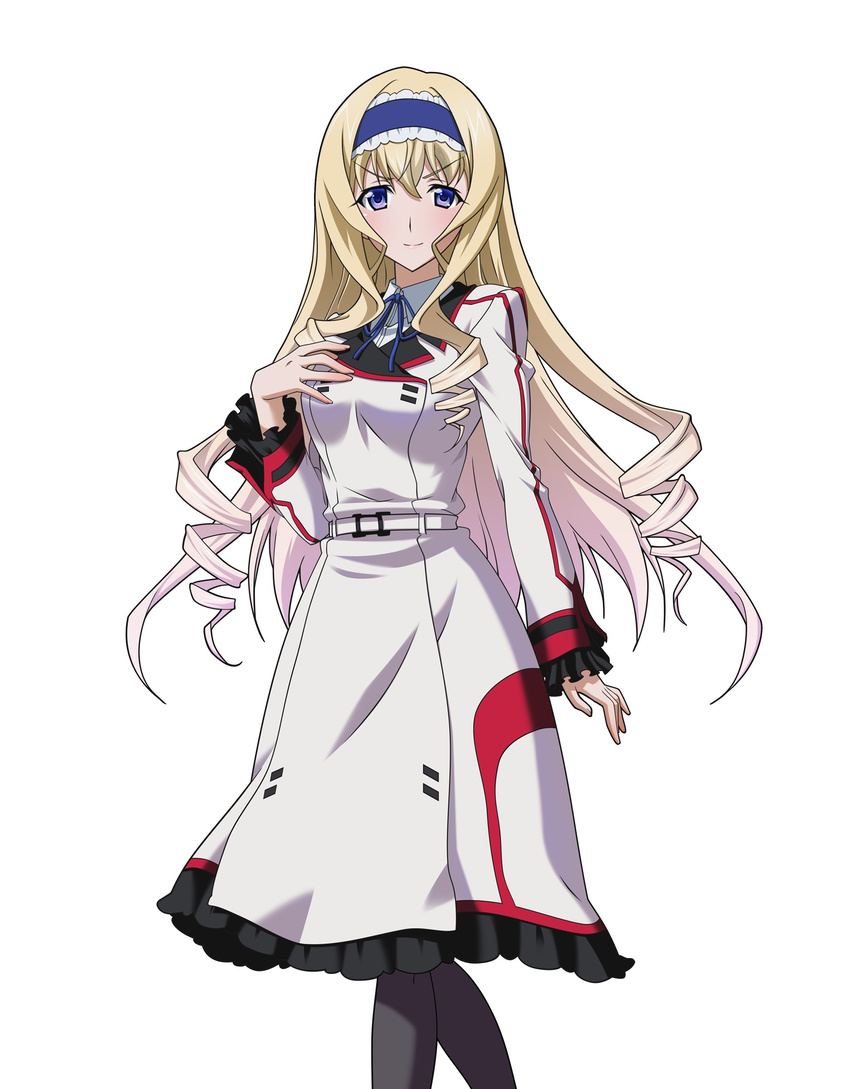 belt black_pantyhose blonde_hair blue_eyes blue_hairband blue_ribbon cecilia_alcott dress female hair_between_eyes hairband highres infinite_stratos infinite_stratos_academy_school_uniform long_hair looking_at_viewer neck_ribbon pantyhose ribbon school_uniform simple_background smile solo standing very_long_hair white_background