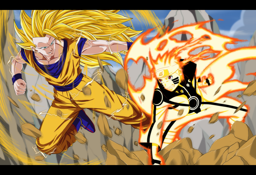 2boys bad_source blonde_hair crossover dannex009 dragon_ball dragon_ball_z electricity letterboxed long_hair multiple_boys muscular naruto_(series) naruto_shippuuden no_eyebrows short_hair son_goku spiked_hair super_saiyan super_saiyan_3 uzumaki_naruto