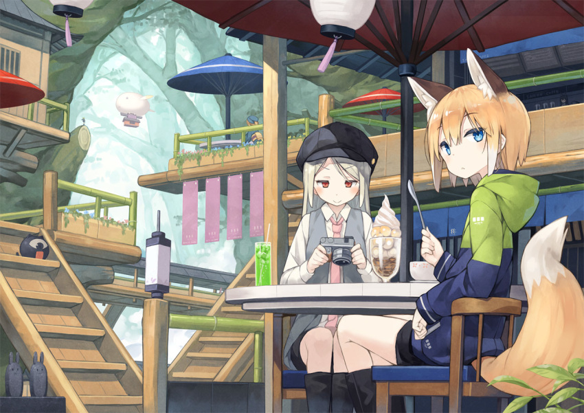 3girls animal_ear_fluff animal_ears black_footwear black_shorts blue_eyes blue_hat blue_jacket boots camera chair collared_shirt commentary_request cup day drinking_glass drinking_straw fox_ears fox_girl fox_tail grey_vest hat holding holding_camera holding_spoon hood hood_down hooded_jacket jacket knee_boots kuroino_(poco) light_brown_hair long_hair long_sleeves multiple_girls necktie on_chair original outdoors parfait pink_necktie poco_(asahi_age) shiratama_kitsune shirt short_shorts shorts silver_hair sitting spoon stairs table tail tail_raised tree vest white_shirt yukimi_(poco)