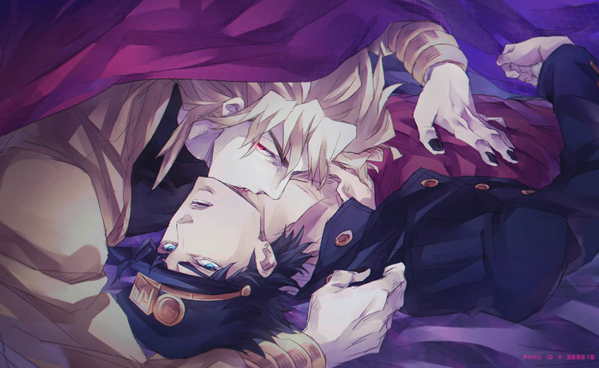 2boys ankai_(rappelzankai) biting black_nails blanket blonde_hair blue_eyes blue_hair commentary_request dio_brando earrings hat jewelry jojo_no_kimyou_na_bouken kujo_jotaro long_coat looking_at_viewer lying male_focus multiple_boys nail_polish on_back photoshop_(medium) red_eyes stardust_crusaders vampire yaoi