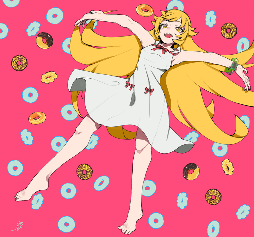 artist_name barefoot blonde_hair commentary_request doughnut dress female food highres long_hair looking_at_viewer monogatari_(series) open_mouth oshino_shinobu outstretched_arms sasha_f solo spread_arms sundress white_dress yellow_eyes