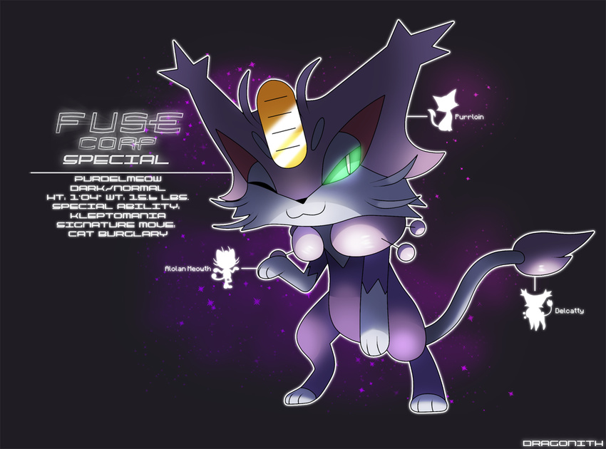 alolan_form alolan_meowth ambiguous_gender delcatty dragonith english_text fakemon felid fusion generation_3_pokemon generation_5_pokemon generation_7_pokemon glowing glowing_eyes mammal nintendo pokemon pokemon_(species) purrloin regional_form_(pokemon) solo text