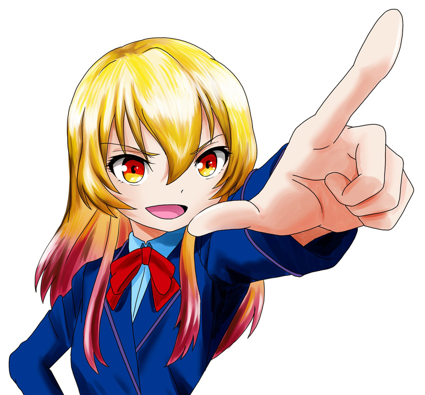 blonde_hair commentary_request female ikkyuu_tensai jacket long_hair meitantei_conan moca01 multicolored_hair parody pointing ribbon ryuugajou_nanana_no_maizoukin school_uniform solo two-tone_hair uniform yellow_eyes