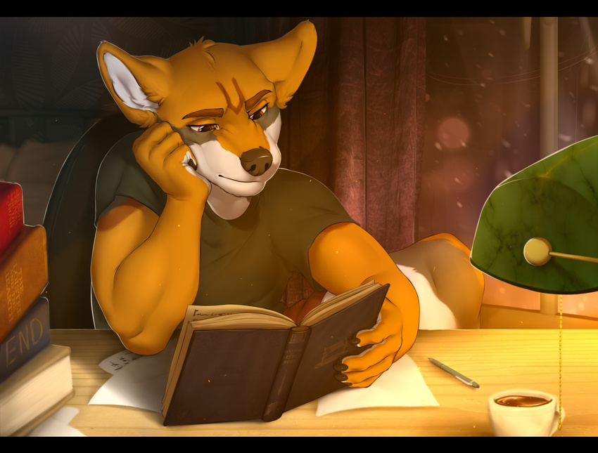 2017 anthro bedroom brown_eyes canid canine canis clothed clothing digital_media_(artwork) fully_clothed inside male mammal reading smileeeeeee solo tired wolf yokhame