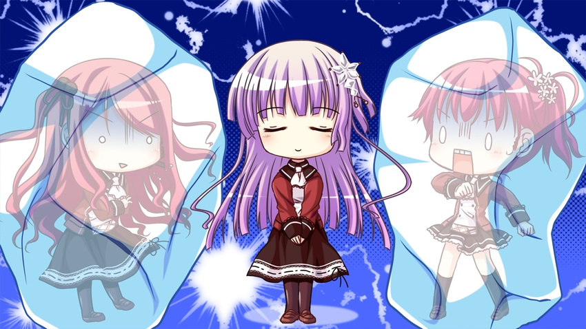 3girls chibi closed_eyes game_cg hinomiya_ayari ice konno_koharu ko~cha long_hair multiple_girls o_o purple_hair red_hair witch's_garden yukimura_suzuno