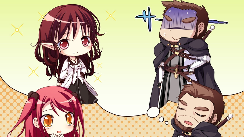 1boy 2girls cape chibi closed_eyes game_cg hinomiya_ayari ko~cha kurauchi_joji long_hair multiple_girls red_eyes red_hair sword weapon witch's_garden yellow_eyes