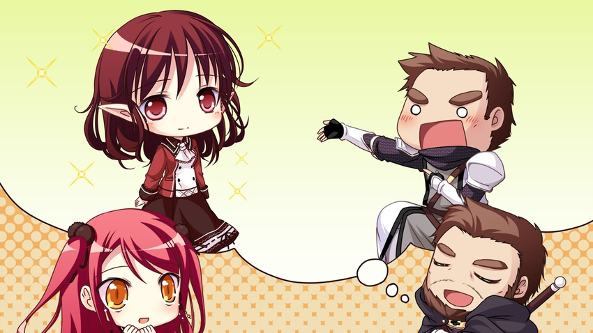 1boy 2girls cape chibi closed_eyes game_cg hinomiya_ayari ko~cha kurauchi_joji long_hair multiple_girls o_o red_eyes red_hair sword weapon witch's_garden yellow_eyes