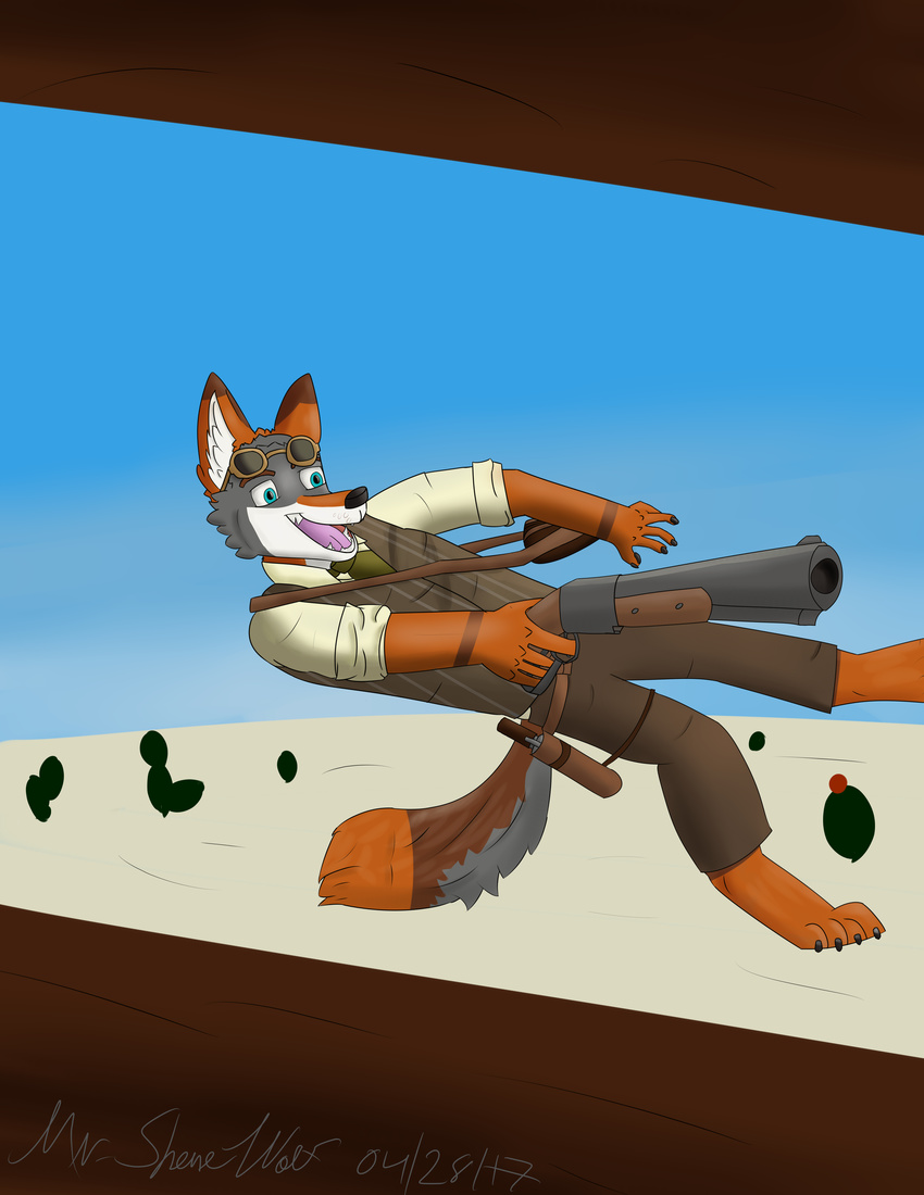 absurd_res blue_eyes cactus canid canine canis desert digital_media_(artwork) eyewear fur gun handgun happy hi_res jumping mammal orange_body orange_fur pistol plant ranged_weapon red_wolf satchel shanewolf shotgun smile sunglasses weapon wild_west wolf