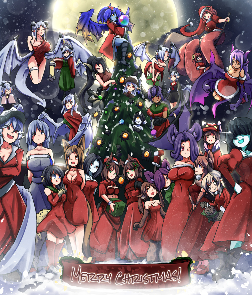 6+girls :d absurdres animal_ears animal_hands annotation_request baphomet_(monster_girl_encyclopedia) black_hair blue_eyes blue_hair blue_skin borrowed_character box breasts broom broom_riding brown_hair chaos_(warhammer) cherry_(snekfag) christmas christmas_tree cleavage colored_skin commentary cyclops dark-skinned_female dark_skin dellu_(geenymous) demon_girl demon_horns demon_wings dormouse_(monster_girl_encyclopedia) dragon_girl dragon_horns dragon_wings dress english_commentary eyes_visible_through_hair flying full_moon gazer_(monster_girl_encyclopedia) gift gift_box green_eyes grey_hair hair_ornament hair_over_eyes hair_over_one_eye hat heterochromia highres horns ignitrix jabberwock_(monster_girl_encyclopedia) khornette_quest lamia large_breasts large_mouse_(monster_girl_encyclopedia) lilim_(monster_girl_encyclopedia) long_hair looking_at_another looking_at_viewer looking_away mari_(maritan) merry_christmas miia_(monster_musume) monster_girl monster_girl_encyclopedia monster_musume_no_iru_nichijou moon mother_and_daughter mouse_ears multiple_girls nanostar nellu_(geenymous) night one-eyed open_mouth original partially_annotated pointy_ears ponytail purple_eyes purple_hair red_dress red_eyes red_hair runa_(maritan) santa_hat short_hair skateboard smile smug snowing tail twintails vellu_(geenymous) victoria_(lilim) warhammer_40k white_hair white_skin wings yellow_eyes