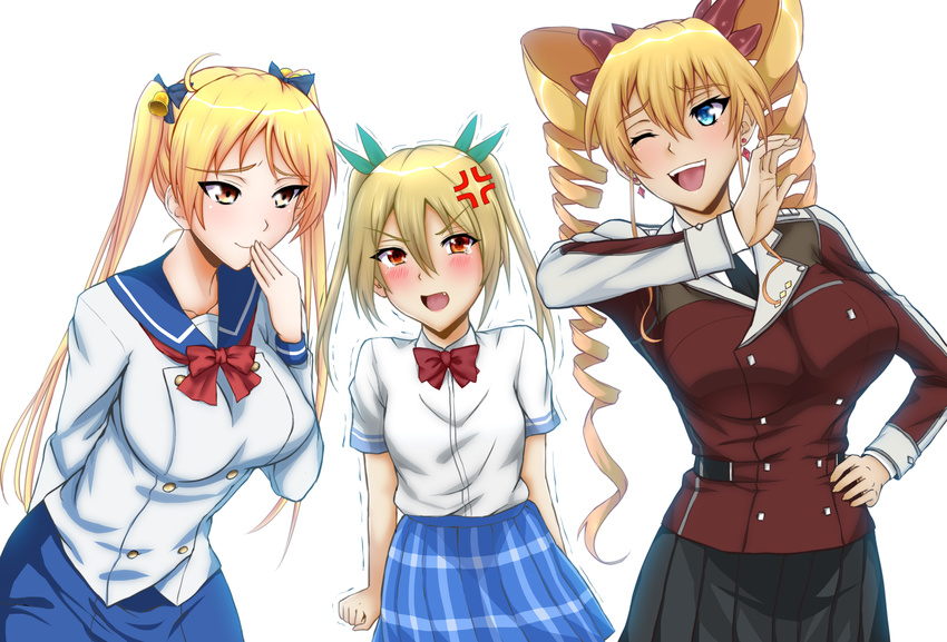 3girls absurdres anger_vein arm_behind_back bad_id bad_pixiv_id bakuon!! bell blonde_hair blue_eyes blush bow breast_envy breasts claire_harvey clenched_hand color_connection crossover drill_hair green_kaminari hair_bell hair_between_eyes hair_color_connection hair_ornament hair_ribbon hand_on_own_hip highres hundred_(light_novel) large_breasts long_hair multiple_crossover multiple_girls netoge_no_yome_wa_onna_no_ko_janai_to_omotta? oerba_yun_fang ojou-sama_pose open_mouth pleated_skirt red_eyes ribbon school_uniform season_connection segawa_akane skirt smirk suzunoki_rin trait_connection trembling twin_drills twintails