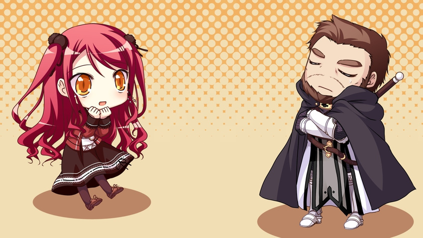 1boy cape chibi closed_eyes female game_cg hinomiya_ayari ko~cha kurauchi_joji long_hair red_eyes red_hair sword weapon witch's_garden yellow_eyes