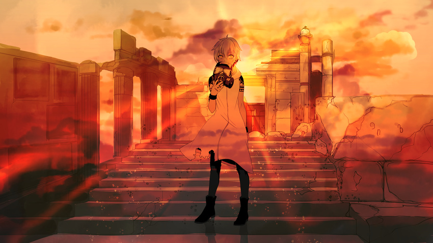 boots hoshima mask original ruins short_hair stairs sunset tattoo torn_clothes