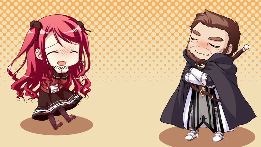 1boy cape chibi closed_eyes female game_cg hinomiya_ayari ko~cha kurauchi_joji long_hair red_hair sword weapon witch's_garden