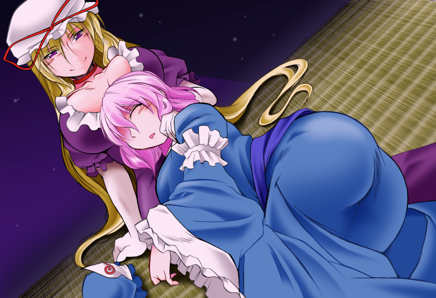 2girls angeldust ass blonde_hair blue_kimono breasts breasts_apart choker cleavage commentary_request dutch_angle elbow_gloves frilled_sleeves frills gloves hair_over_one_eye hand_on_another's_shoulder hat hat_ribbon japanese_clothes kimono lap_pillow large_breasts light_particles long_hair looking_at_another looking_down lying mob_cap multiple_girls on_side perspective pink_hair puffy_short_sleeves puffy_sleeves purple_background ribbon saigyouji_yuyuko short_hair short_sleeves sitting sleeping smile tatami touhou triangular_headpiece unworn_hat unworn_headwear very_long_hair white_gloves wide_sleeves yakumo_yukari