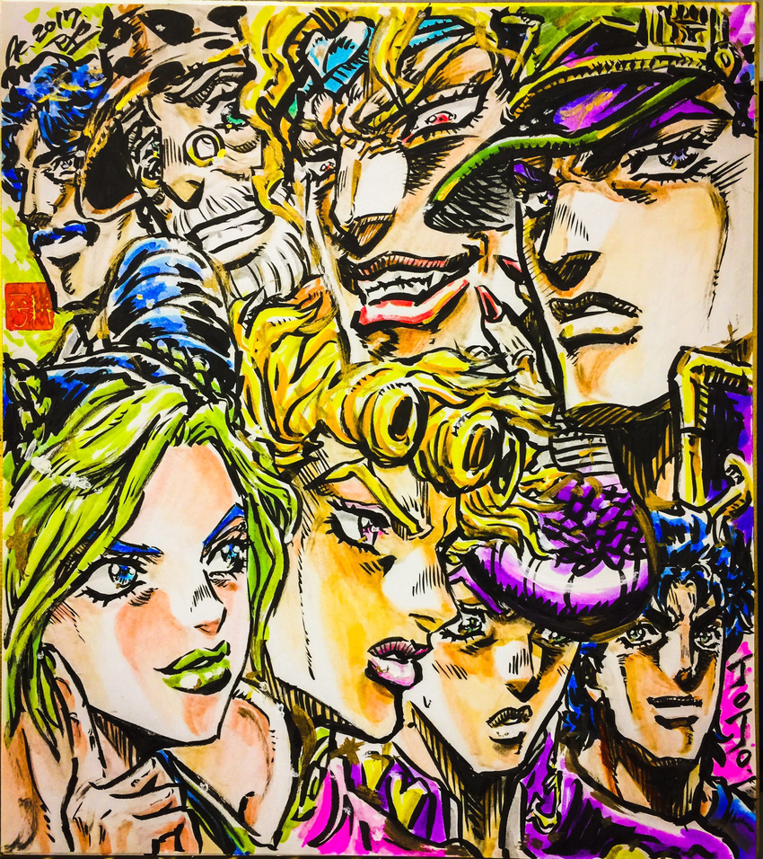 2017 ashiya_kouhei beard blonde_hair blue_eyes blue_hair braid commentary_request diamond_wa_kudakenai dio_brando double_bun evil_grin evil_smile facial_hair female fingernails gakuran george_joestar giorno_giovanna glasses green_hair green_lips grin hair_bun hat headband heart higashikata_josuke highres jojo_no_kimyou_na_bouken jonathan_joestar joseph_joestar joseph_joestar_(old) kujo_jolyne kujo_jotaro lipstick makeup moustache multicolored_hair multiple_boys nail_polish phantom_blood pink_hair pink_lips pompadour purple_eyes purple_hair red_lips red_nails school_uniform sharp_fingernails signature smile stardust_crusaders stone_ocean two-tone_hair vento_aureo