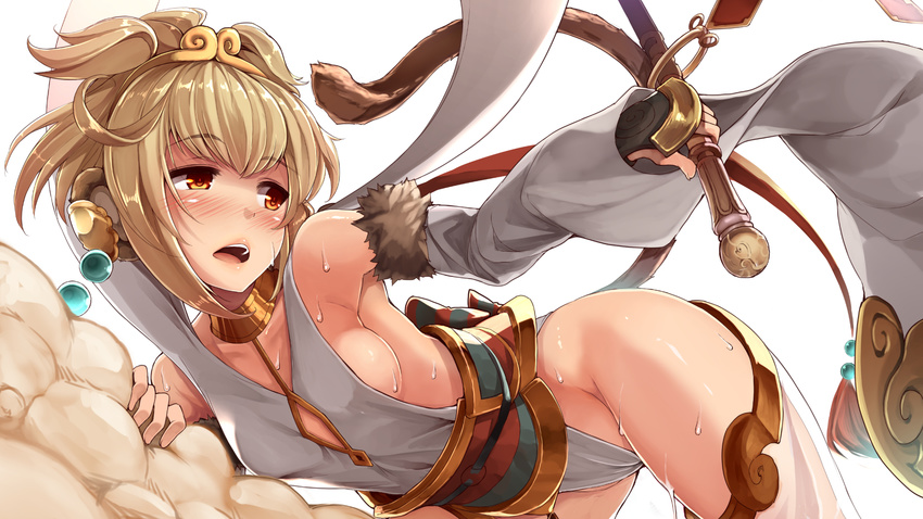 andira_(granblue_fantasy) animal_ears bare_shoulders black_gloves blonde_hair blush breasts brown_eyes choker cloud commentary_request detached_sleeves erune female fingerless_gloves flying_nimbus giji_eizan gloves granblue_fantasy hair_ornament hairband highres monkey_ears monkey_tail open_mouth red_eyes short_hair sideboob small_breasts solo staff sweat tail wide_sleeves