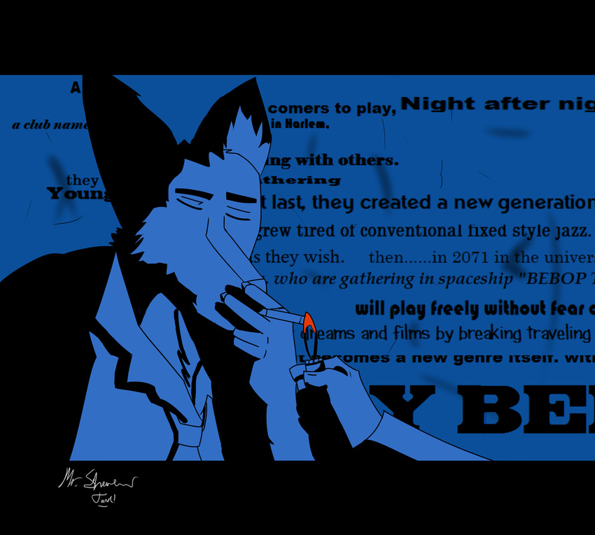 5_fingers absurd_res canid canine canis cel_shading cigarette closed_eyes cowboy_bebop fingers fire hi_res lighter mammal shaded shadow shanewolf smoking text wolf