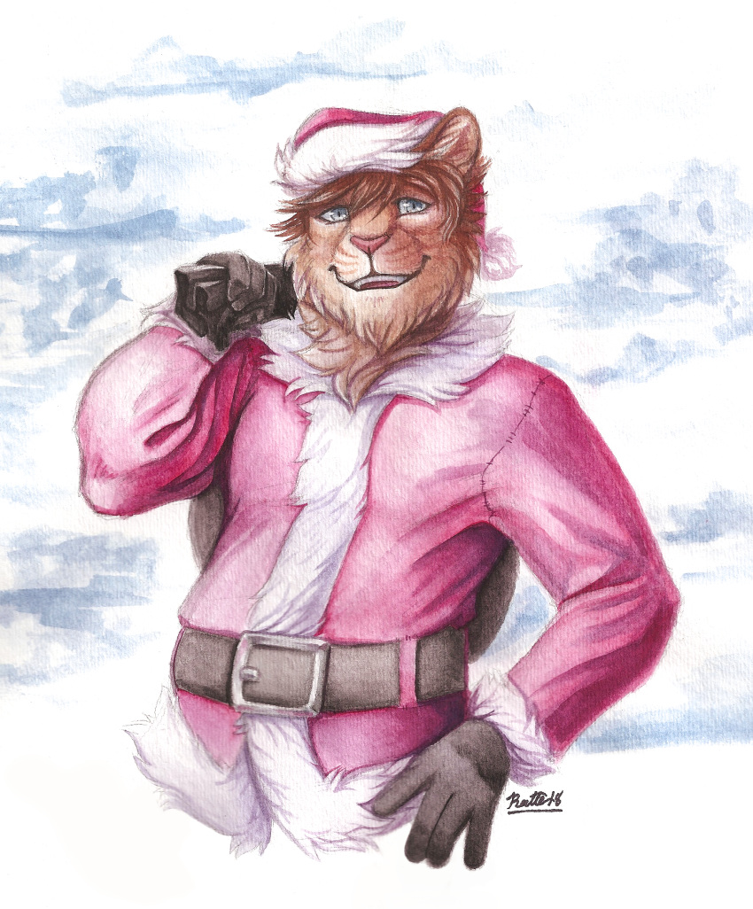 2018 5_fingers absurd_res anthro belt biped christmas christmas_clothing christmas_headwear clothing coat conditional_dnp costume faraden felid fingers fluffy fur grey_eyes hair half-length_portrait hat headgear headwear hi_res holidays hybrid legacy_(ratte) lion looking_at_viewer male mammal montreal_(ratte) new_faraden pantherine portrait ratte santa_costume santa_hat smile solo tan_body tan_fur tan_hair tiger tigon topwear traditional_media_(artwork)