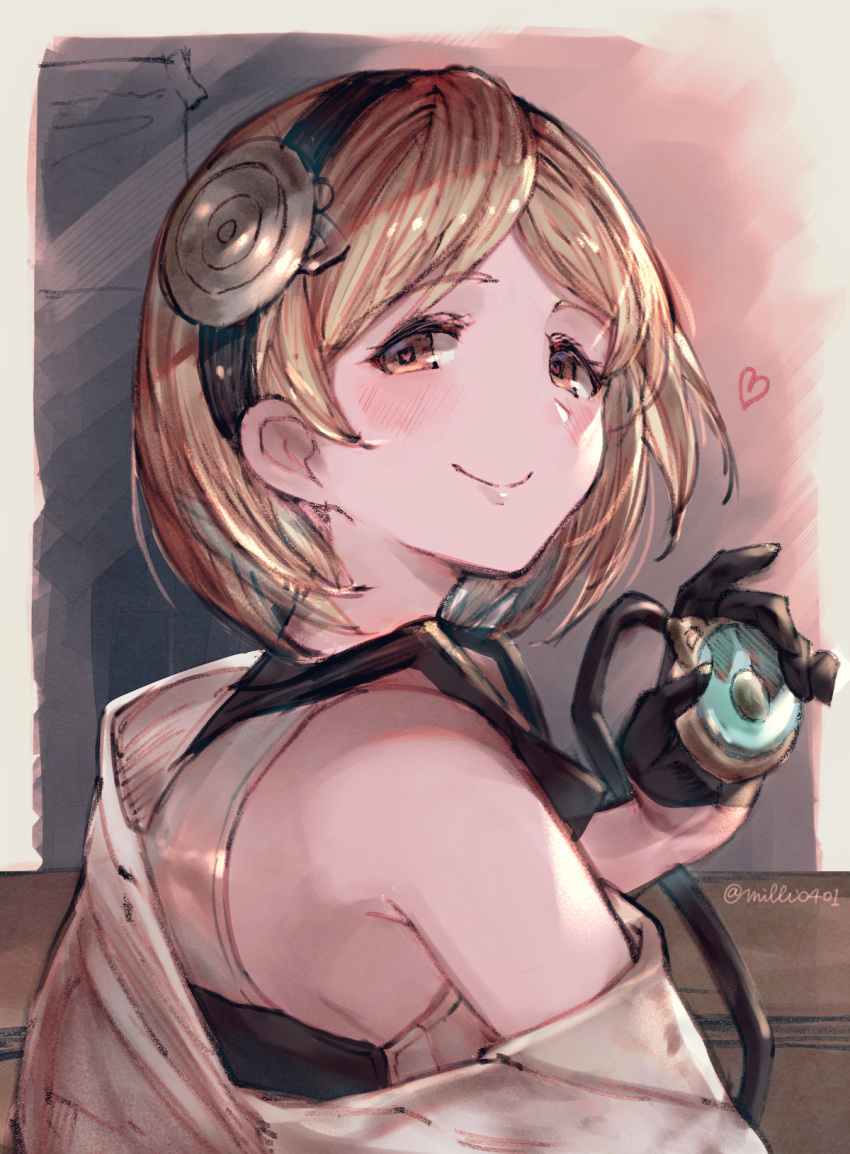 bad_id bad_pixiv_id bare_shoulders black_gloves blush brown_eyes closed_mouth commentary djeeta_(granblue_fantasy) doctor_(granblue_fantasy) english_commentary female gloves granblue_fantasy half_gloves hand_up head_mirror heart heart-shaped_pupils highres holding light_brown_hair looking_at_viewer looking_to_the_side milli_little shirt sleeveless sleeveless_shirt smile solo stethoscope symbol-shaped_pupils twitter_username upper_body white_shirt