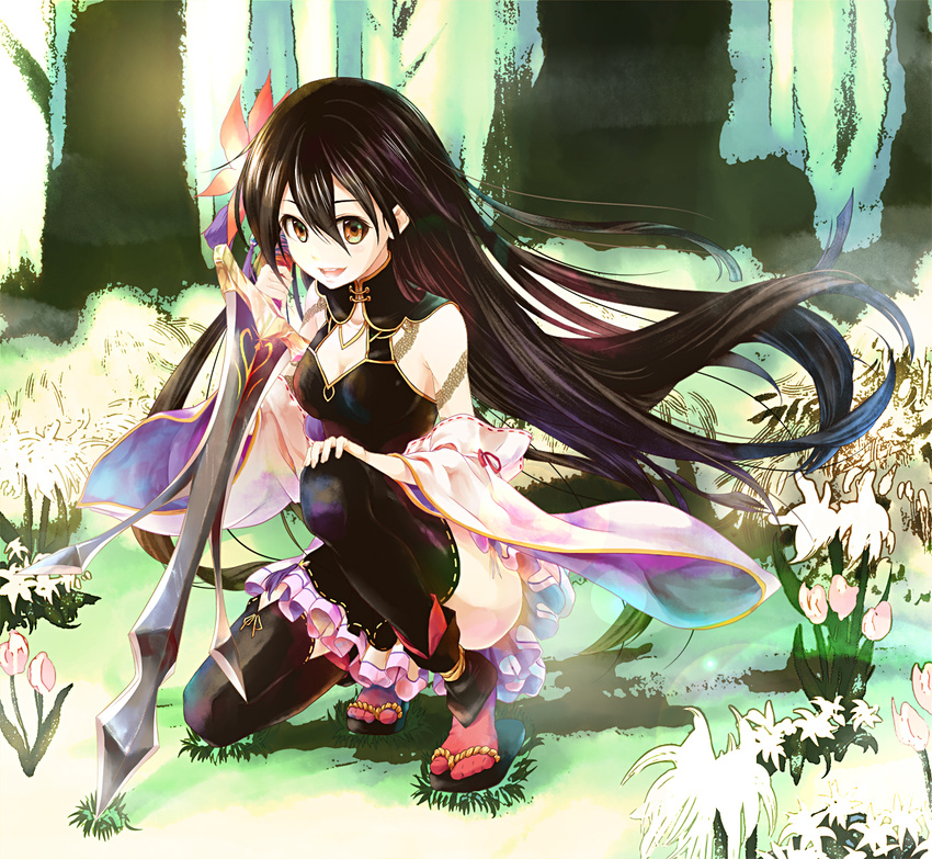 :d bad_id bad_pixiv_id black_hair black_legwear blush breasts brown_eyes character_request cleavage commentary_request detached_sleeves female flower forest full_body hair_between_eyes hair_flower hair_ornament holding holding_sword holding_weapon long_hair looking_at_viewer lord_of_vermilion lord_of_vermilion_iii medium_breasts nature on_one_knee open_mouth photoshop_(medium) red_legwear reverse_grip sandals smile socks solo sword tabi thighhighs very_long_hair weapon wide_sleeves yue_(lov_n_n)