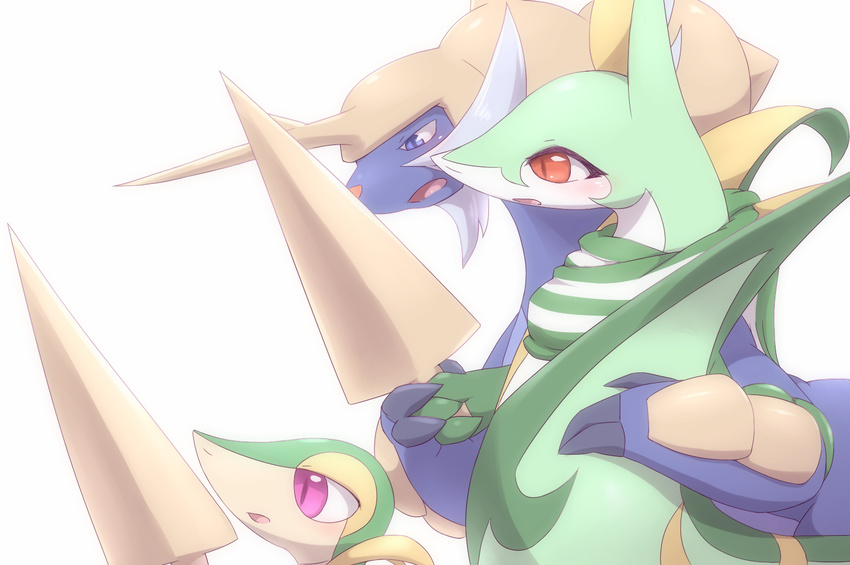 ambiguous_gender blue_eyes blush claws dairou female feral generation_5_pokemon group kajinchu kemono male melee_weapon nintendo open_mouth pokemon pokemon_(species) pupils purple_eyes red_eyes reptile samurott scalie scarf serperior simple_background size_difference slit_pupils snivy sword tsutami tsutarou weapon white_background